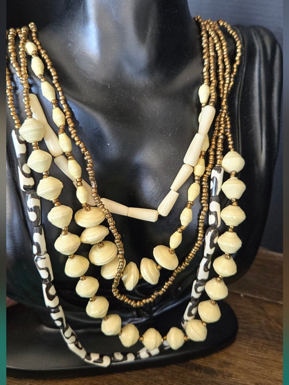 Paper Layered Cream and Gold Beaded Necklace - Women Jewelry